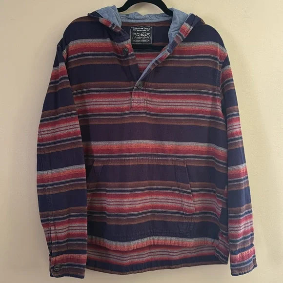 American Eagle Shirt Men's WesternLong Sleeve Pullover Hoodie Shirt Striped Sz L - Picture 4 of 10